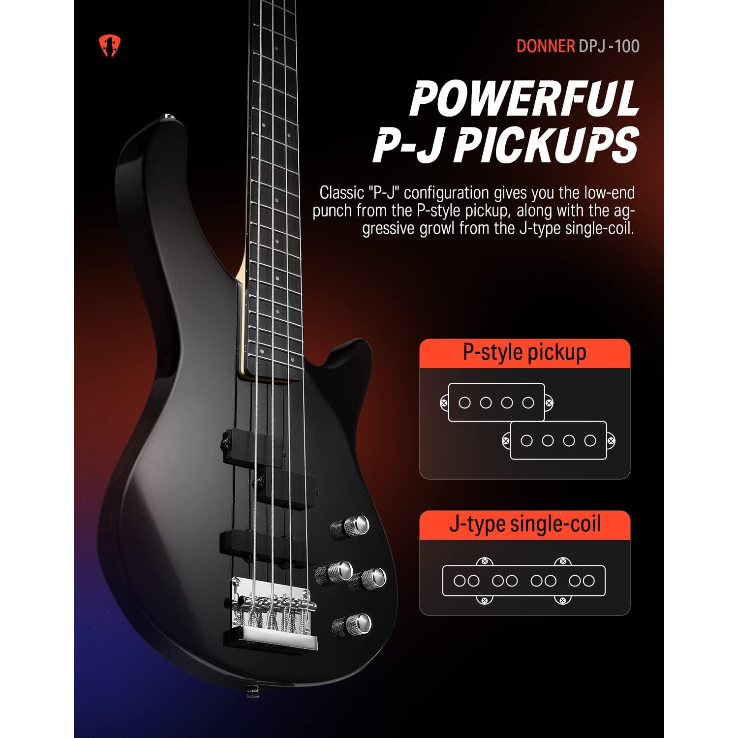 Donner DPJ-100 PJ-Style Bas Gitar (Siyah) - Görsel 2