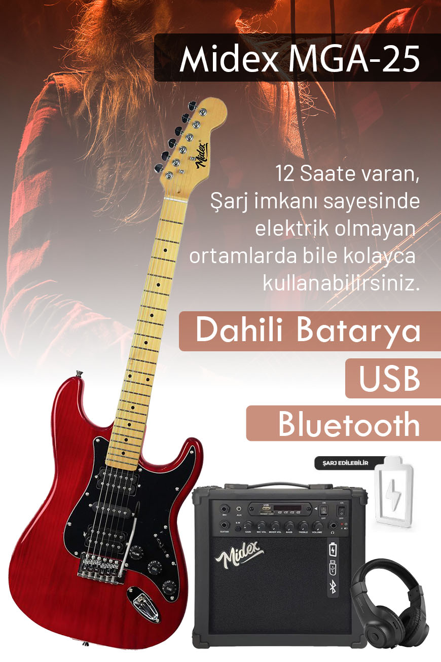 Midex RPH-40RD-25AMP 25W Şarjlı BT Amfili Elektro Gitar Seti HSH Manyetik Maple Klavye - Görsel 2
